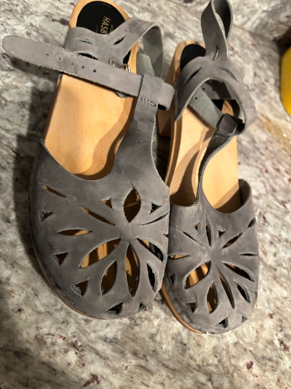 Swedish Hasbeens Grey Suede Cutout Ankle-Strap Clogs - Picture 3 of 11